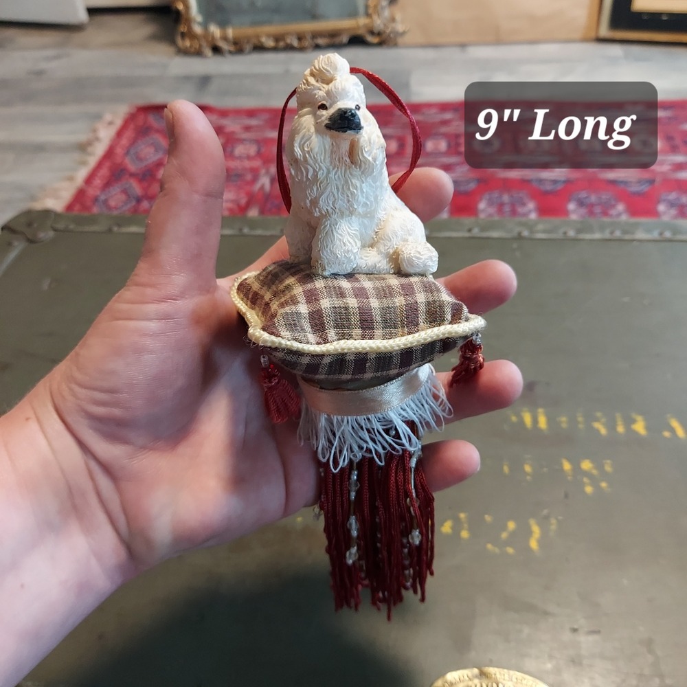 Vintage Style White Poodle on Plaid Pillow Hanging Ornament Beaded Tassel 9" - Picture 3 of 5
